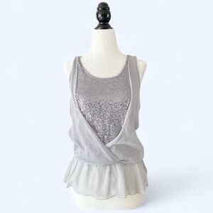 Vintage Y2K RW&CO Grey Sequin Ruffle Tank Top Boho Glam Drop Waist Top XS